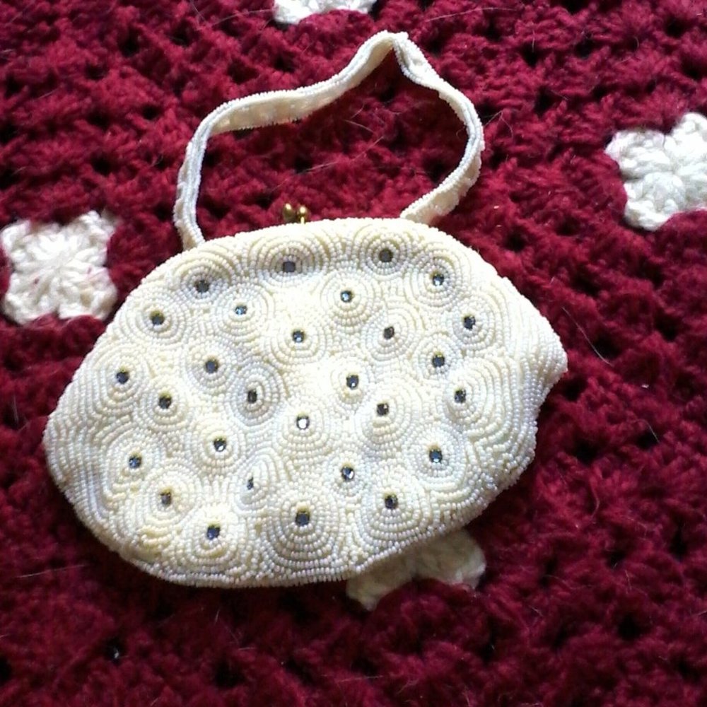 Vintange Hand Beaded White Purse
